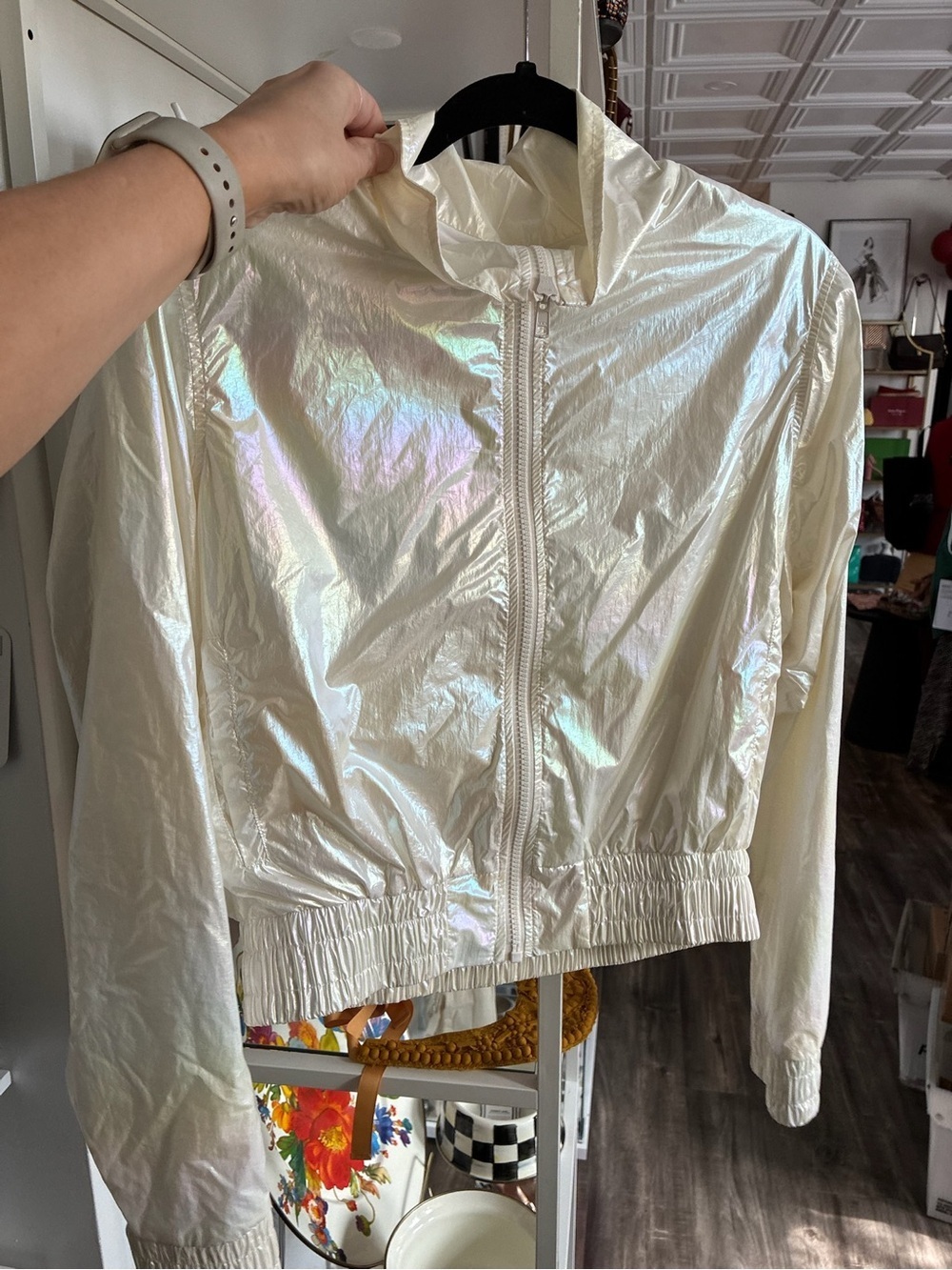 Isla Movement Iridescent Cream Bomber Jacket - Women's Lightweight Zip-Up